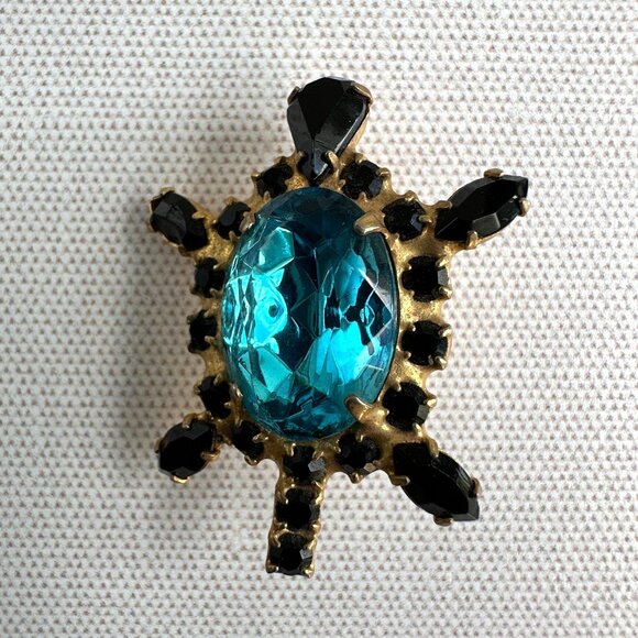 Vintage Turtle Brooch Teal Glass Rhinestones - Picture 9 of 10